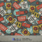 The Quarantine / Lockdown Central Scrub Cap by Medicus Scrub Caps features COVID-19 signs like Closed, Curbside Pickup Only, and Do Not Enter. It includes virus illustrations, caution symbols, and a ruler for sizing in inches and centimeters—ideal for healthcare professionals.