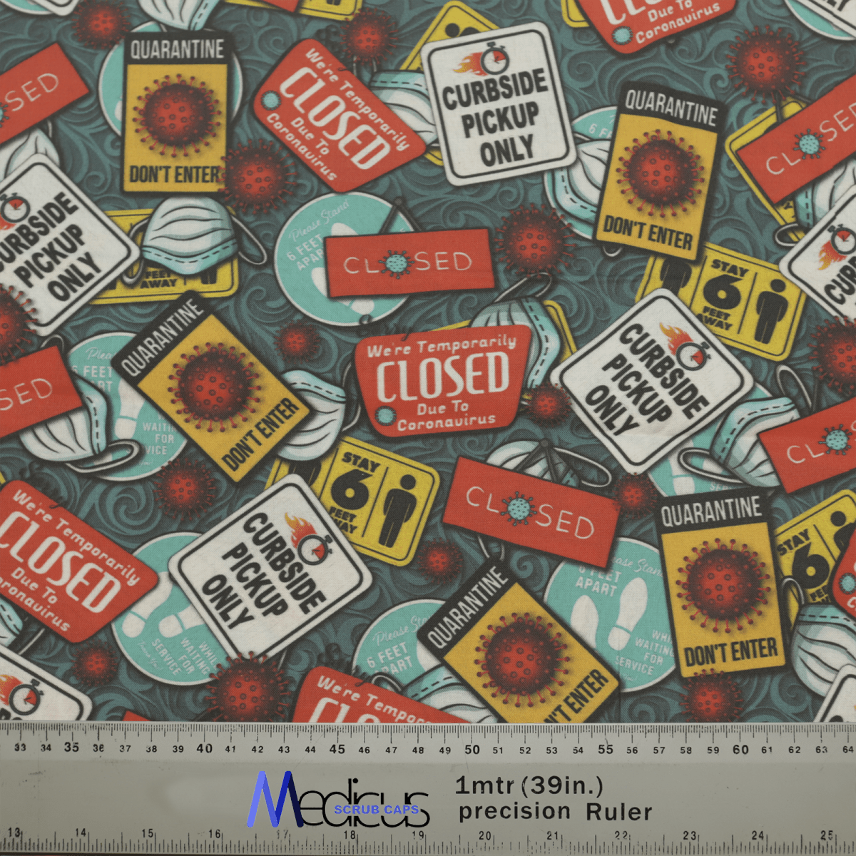 The Quarantine / Lockdown Central Scrub Cap by Medicus Scrub Caps features COVID-19 signs like Closed, Curbside Pickup Only, and Do Not Enter. It includes virus illustrations, caution symbols, and a ruler for sizing in inches and centimeters—ideal for healthcare professionals.