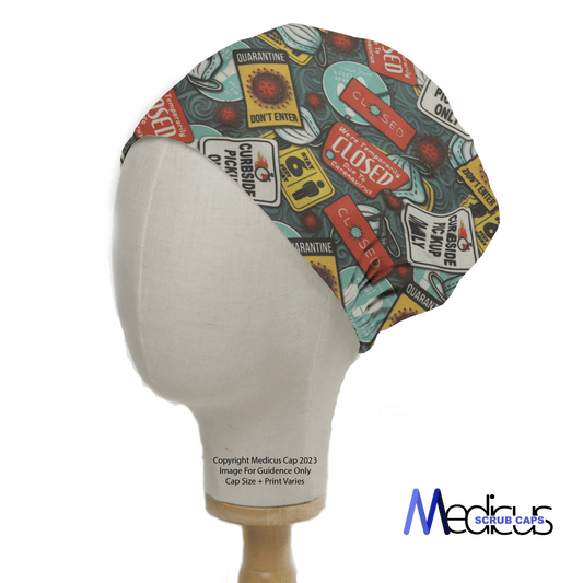 The mannequin head sports the Quarantine / Lockdown Central Scrub Cap by Medicus Scrub Caps, showcasing warning signs such as Quarantine and Closed. Ideal for healthcare professionals, this eco-friendly design features the logo on a clean white background.