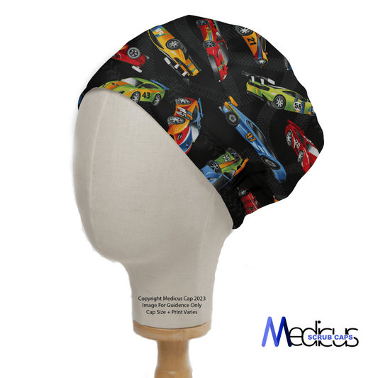 A mannequin displays the Racing Cars Motorsport Scrub Cap by Medicus Scrub Caps, featuring colorful racing cars on a sleek black background, with Medicus Scrub Caps elegantly placed in the bottom right.