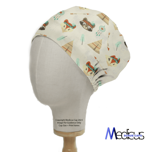 A mannequin head models a Medicus Scrub Caps Racoon Teepees Scrub Cap featuring playful foxes, raccoons, teepees, and arrows on light fabric. Vibrantly illustrated for sustainability and comfort, it includes brand and copyright info.