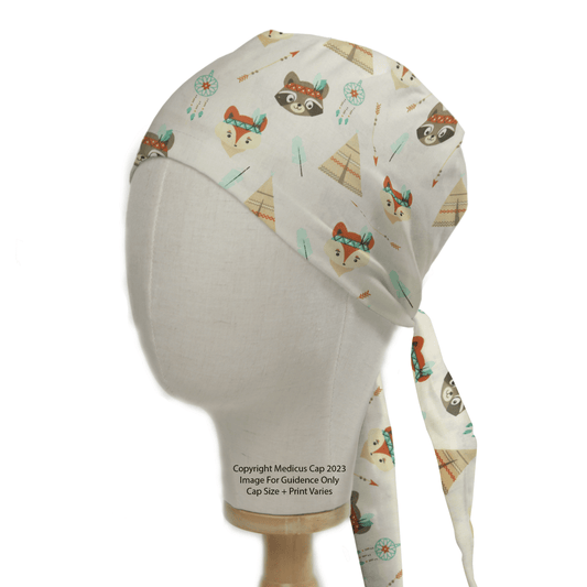 Side view of a mannequin head wearing a Racoon Teepees Scrub Cap by Medicus Scrub Caps, featuring charming raccoons, teepees, and dreamcatchers. Tied at the back for comfort and sustainable wear, it includes a copyright notice on the fabric.