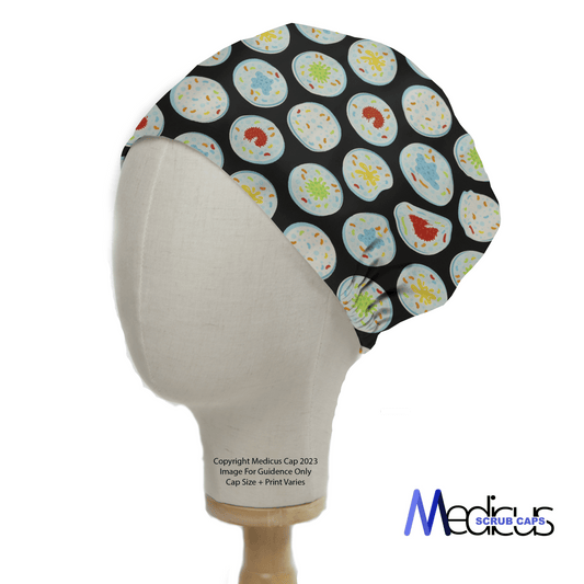 The Science Epidemic Petri Dishes Scrub Cap by Medicus Scrub Caps is displayed on a mannequin, featuring a black background with colorful germ-inspired patterns. Designed for healthcare professionals, its eco-friendly and includes the brands logo in the corner.