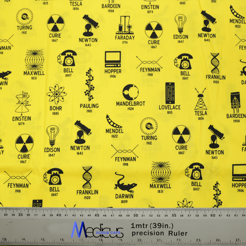 The Science Founders Scrub Cap by Medicus Scrub Caps is made from sustainable yellow fabric featuring icons and names of scientists like Tesla, Einstein, and Curie. It includes symbols like atoms and gears, complemented by a grey ruler with metric and imperial measurements at the bottom.