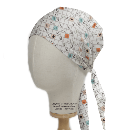 Modeling the colorful Medicus Scrub Caps Scrabble Board Scrub Cap, the mannequin head highlights the letter and point value pattern. This playful yet professional cap merges educational charm with a comfortable fit, ideal for those seeking stylish, comfortable workwear.