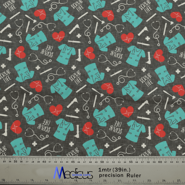 The Scrub Life Scrub Cap by Medicus Scrub Caps features a teal scrub pattern with red hearts, lifelines, stethoscopes, and SCRUB LIFE text on a dark background—a tribute to healthcare professionals. A ruler for scale is included at the bottom.
