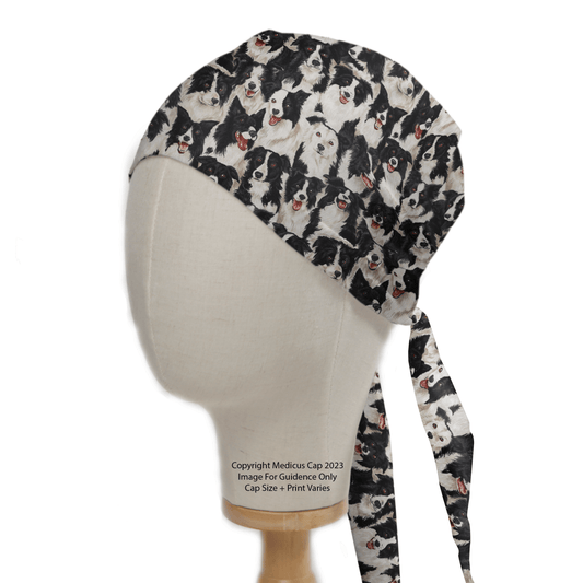 A mannequin head showcases the Sheep Dogs Scrub Cap, a reusable tie-back scrub hat from Medicus Scrub Caps, adorned with playful black and white Border Collie faces. Its perfect for healthcare professionals in medical and clinical settings.