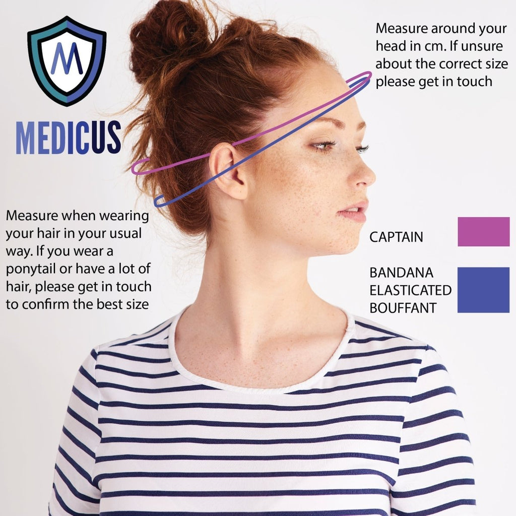 A red-haired woman in a striped shirt measures her head with a tape while sizing instructions highlight color indicators for comfort in CAPTAIN and BANDANA ELASTICATED BOUFFANT styles, perfect for sustainable healthcare professionals using the Siberian Husky Dogs Scrub Cap by Medicus Scrub Caps.