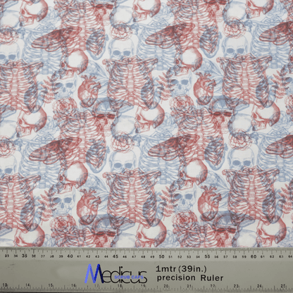 Medicus Scrub Caps Skeleton 3D Vision fabric, featuring red and blue anatomical patterns of rib cages, skulls, and hearts, is perfect for crafting a unique scrub cap. A meter (39 inches) ruler at the bottom gives scale.