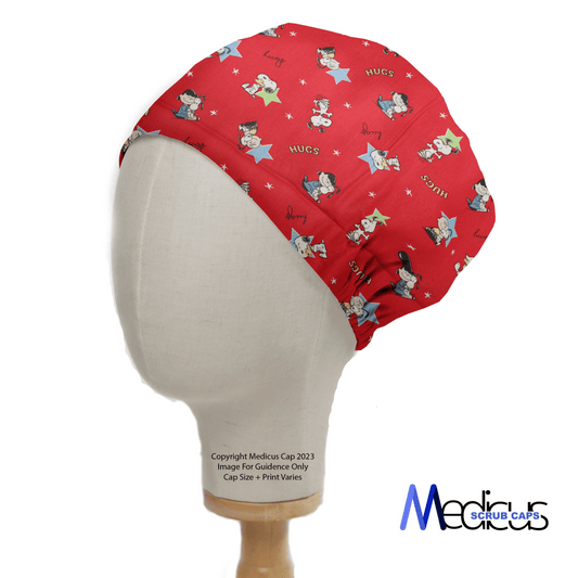 The Snoopy Charlie Hug Red Scrub Cap by Medicus Scrub Caps is a sustainable, reusable red cap featuring cartoon characters like Snoopy and Charlie, whimsical words such as HUGS and BUMPY, along with animals and stars, modeled on a mannequin head. It’s an eco-friendly accessory with a playful design.