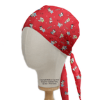 The Medicus Scrub Caps Snoopy Charlie Hug Red Scrub Cap features a sustainable, reusable design with a cartoon nurse character and nurse print. Displayed on a mannequin head, it includes long ties at the back, adding charm to your scrubs.