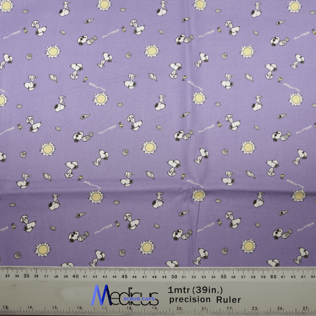 The Snoopy Purple Sunshine Friends Scrub Cap by Medicus Scrub Caps features a whimsical design of goggle-wearing Snoopy with yellow suns and gray circles on a purple background. Its perfect for crafting playful scrub caps, with a ruler at the bottom aiding sustainable healthcare practices through precise measuring.