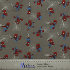The Spiderman Kawaii On Grey Scrub Cap by Medicus Scrub Caps features small red and blue superhero illustrations swinging on a gray background. A ruler at the bottom shows length in inches and centimeters, ensuring an exceptional fit and comfort for healthcare professionals.