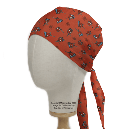 A mannequin displays the Spiderman Kawaii On Red Scrub Cap by Medicus Scrub Caps, featuring a vibrant red design with nautical-themed anchors and wheels in blue and red, tied at the back to complement an eco-conscious collection.