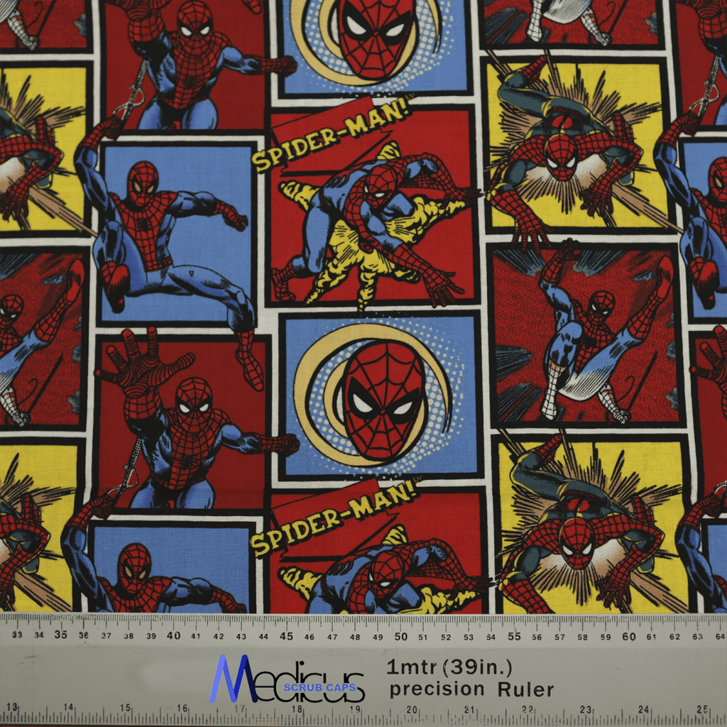 The Medicus Scrub Caps Spiderman Marvel Comic Book Style Scrub Cap features vibrant Spider-Man illustrations on red, blue, and yellow backgrounds, with a ruler at the bottom for easy measuring in meters and inches—ideal for crafting an eye-catching scrub cap.