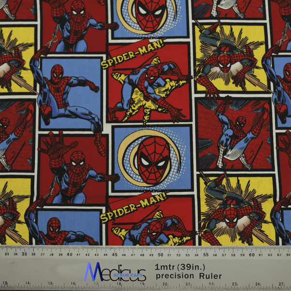 The Medicus Scrub Caps Spiderman Marvel Comic Book Style Scrub Cap features vibrant Spider-Man illustrations on red, blue, and yellow backgrounds, with a ruler at the bottom for easy measuring in meters and inches—ideal for crafting an eye-catching scrub cap.