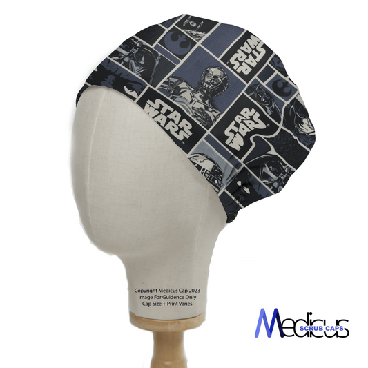 The Star Wars Blue Scrub Cap by Medicus Scrub Caps is displayed on a mannequin head. It features dark fabric with character images and logos from the franchise, designed for comfort and includes the brands logo at the bottom right, adding inclusive style to any fans wardrobe.