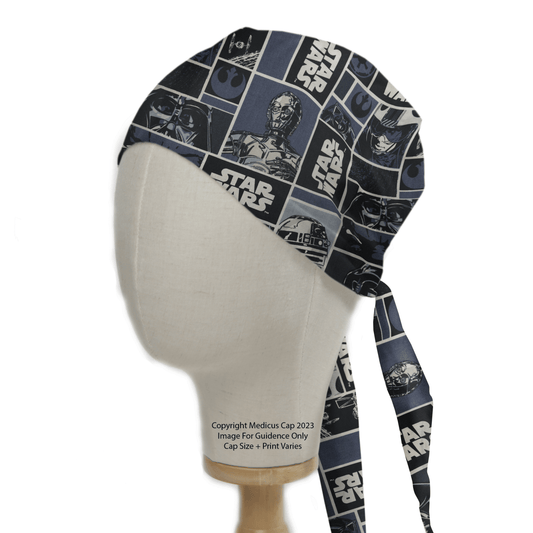 A mannequin head showcases an inclusive Star Wars-themed headscarf, combining comfort and a black-and-white print of beloved characters and logos. The fabric features squares of iconic designs, reminiscent of the charm in the Star Wars Blue Scrub Cap by Medicus Scrub Caps.