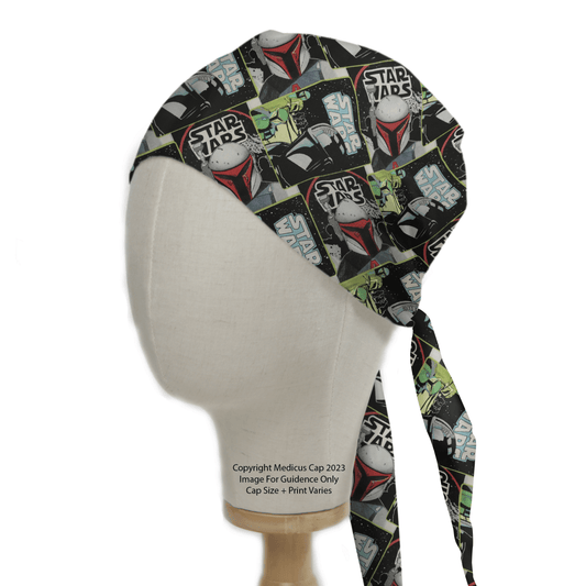 A mannequin head sports a Star Wars Boba Fett Scrub Cap by Medicus Scrub Caps, ideal for healthcare professionals. The design displays Boba Fett with other characters and logos from the famed franchise in vibrant hues.