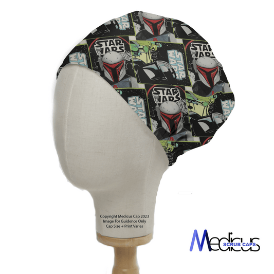 The Star Wars Boba Fett Scrub Cap by Medicus Scrub Caps, featured on a mannequin head, displays beloved characters on a crisp white background, making it perfect for healthcare professionals.