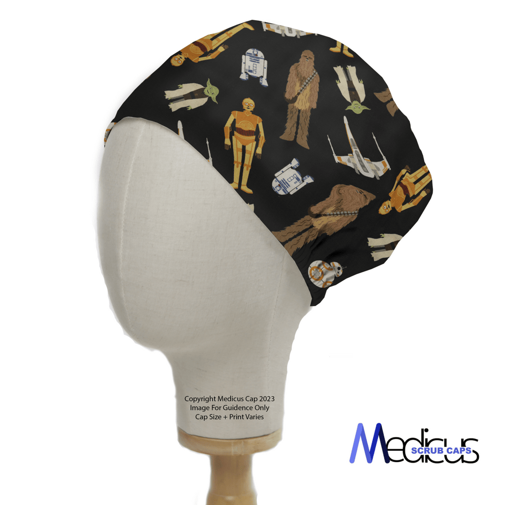 A mannequin head models the Star Wars Character Toss Scrub Cap by Medicus Scrub Caps, featuring iconic characters on a black background. Copyright Medicus Cap 2023.