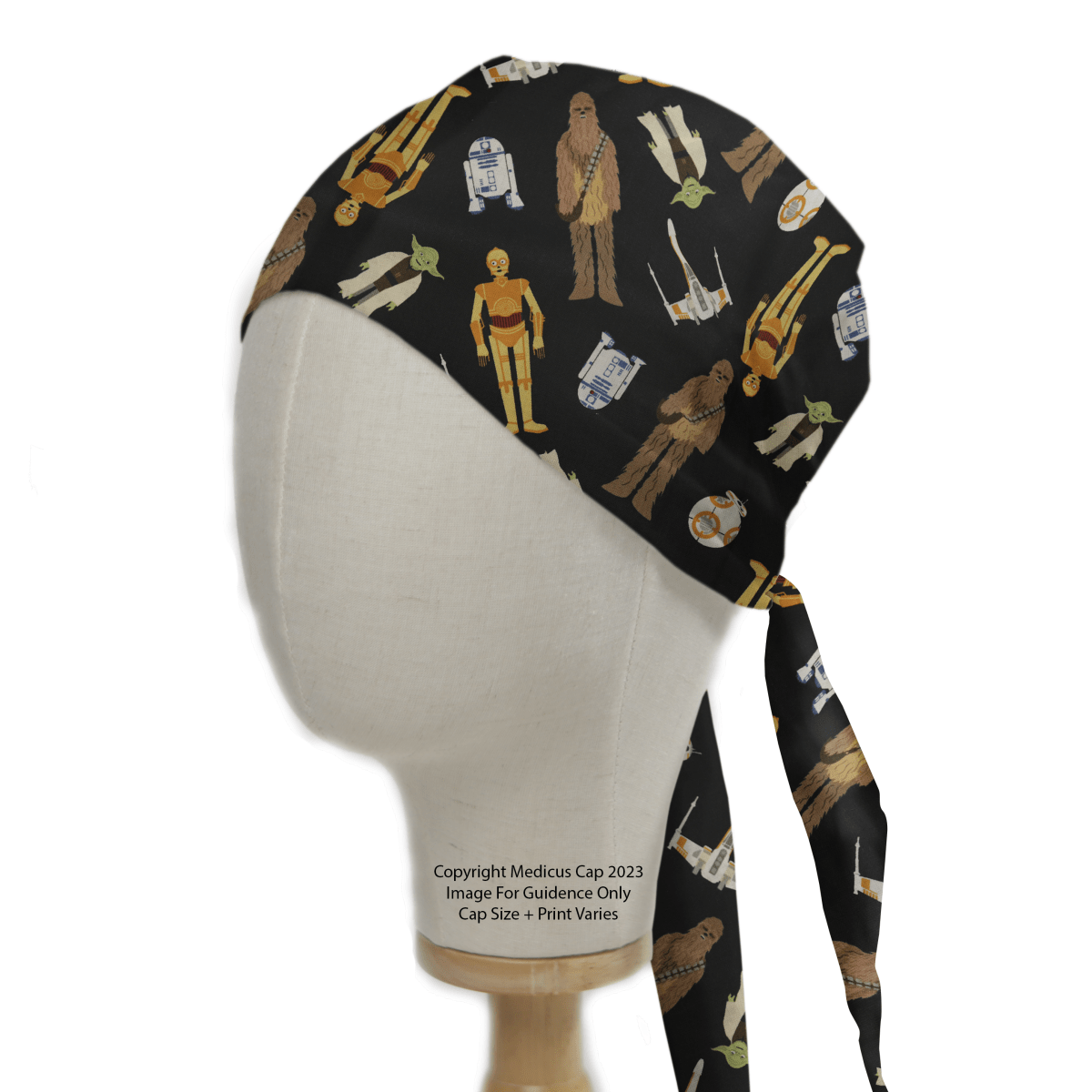 A mannequin head displays a Medicus Scrub Caps Star Wars Character Toss scrub cap featuring Chewbacca, Yoda, droids, and more, adding galactic flair to medical attire.
