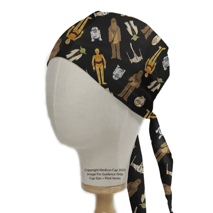 A mannequin head displays a Medicus Scrub Caps Star Wars Character Toss scrub cap featuring Chewbacca, Yoda, droids, and more, adding galactic flair to medical attire.
