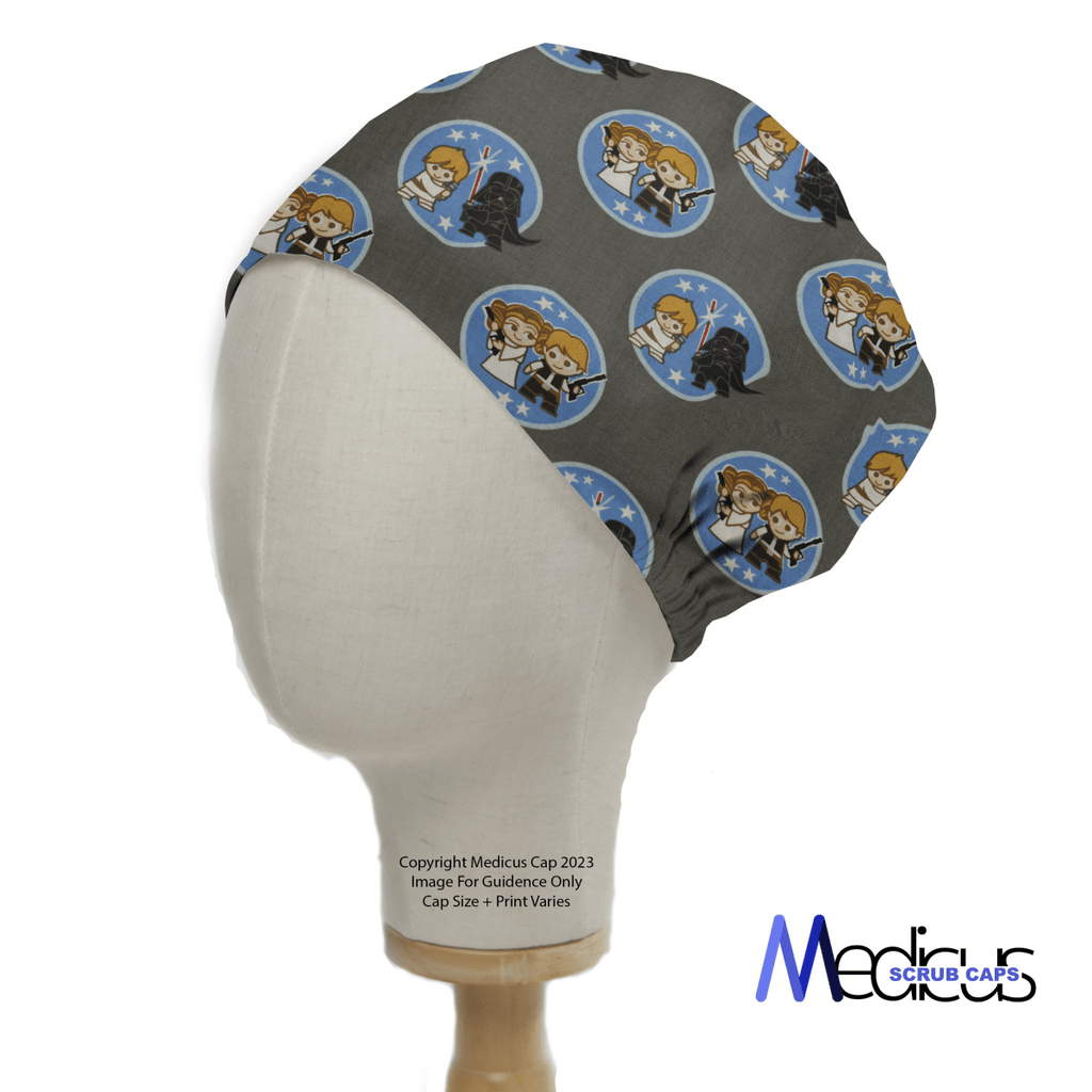 A mannequin head showcases a Medicus Scrub Caps Star Wars Kawaii Character Pairs On Grey Scrub Cap, featuring adorable character designs in circular patterns.