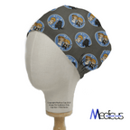 A mannequin head showcases a Medicus Scrub Caps Star Wars Kawaii Character Pairs On Grey Scrub Cap, featuring adorable character designs in circular patterns.