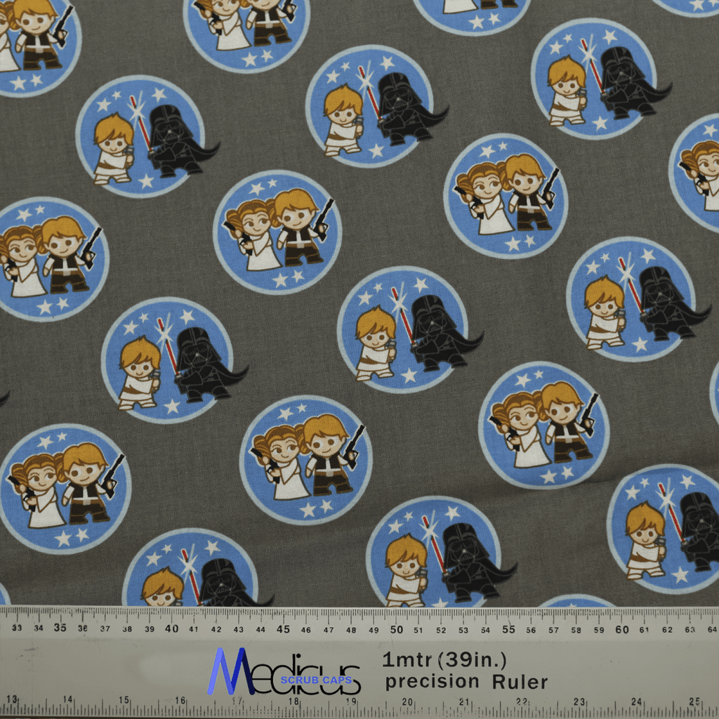 The Medicus Scrub Caps Star Wars Kawaii Character Pairs On Grey Scrub Cap features cute characters and a dark hooded figure in blue circles on grey fabric.