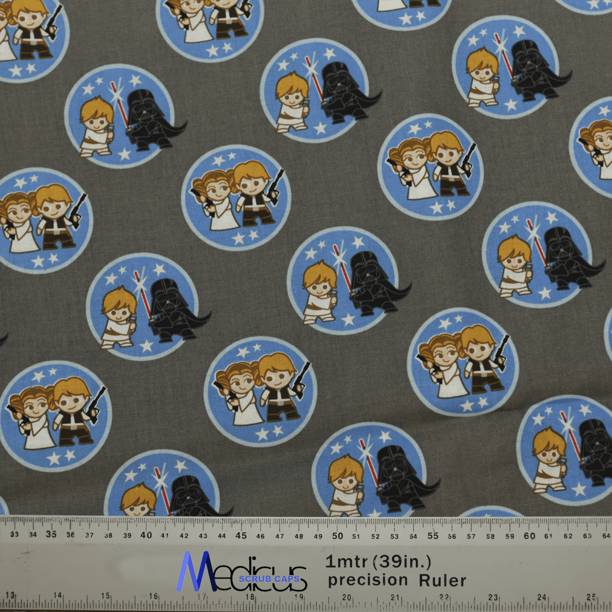 The Medicus Scrub Caps Star Wars Kawaii Character Pairs On Grey Scrub Cap features cute characters and a dark hooded figure in blue circles on grey fabric.