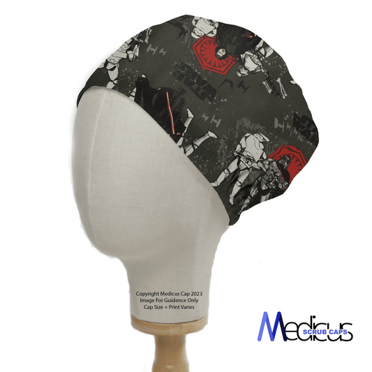 The Star Wars Last Jedi Scrub Cap by Medicus Scrub Caps features a sci-fi theme with black and gray space scenes, including space stations and spacecraft, on a mannequin head. It combines professional functionality with style, showcasing the brands logo in the bottom right corner.