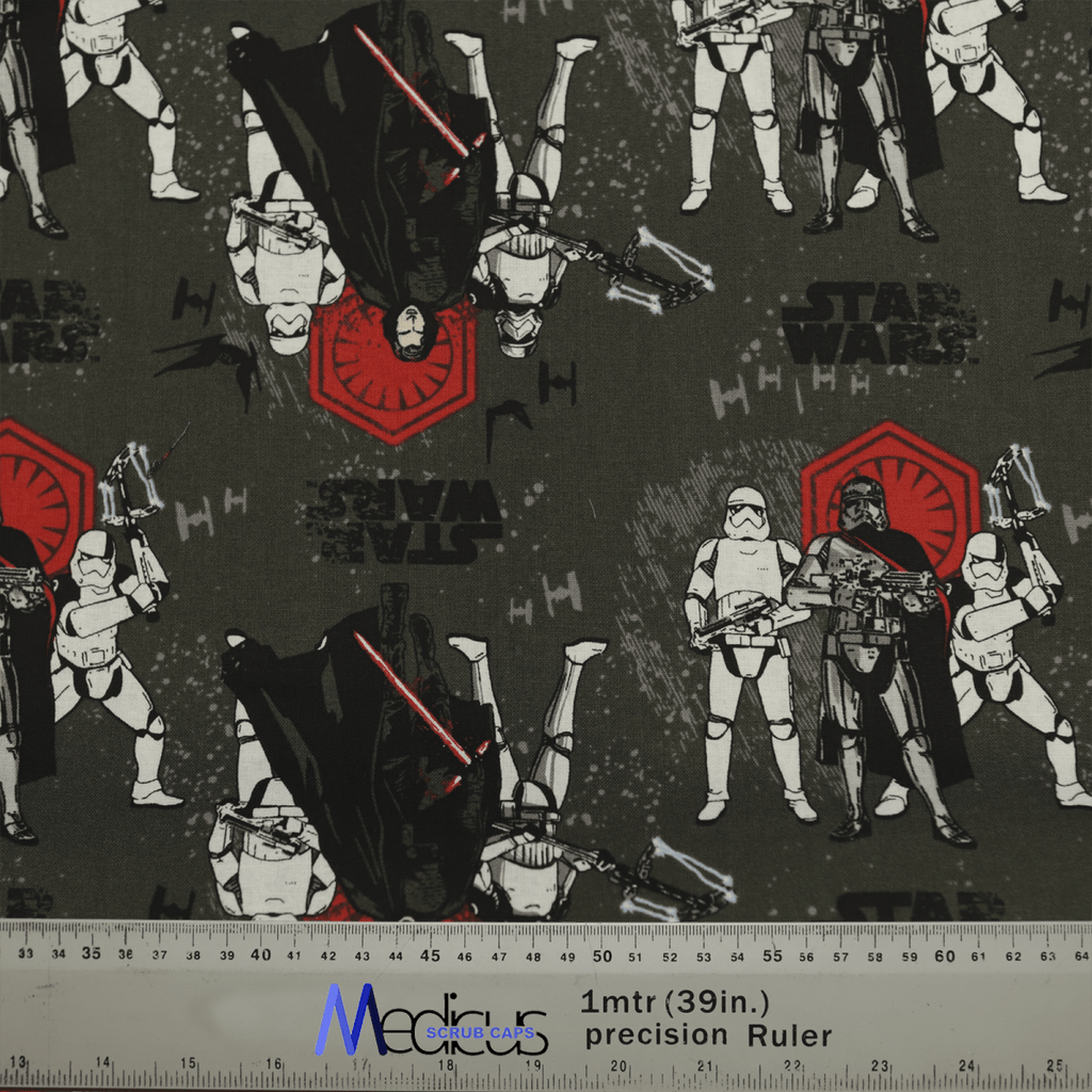 This Star Wars-themed fabric, featuring characters like Darth Vader and Stormtroopers in black, white, and red, is ideal for crafting a Medicus Scrub Caps Star Wars Last Jedi Scrub Cap that combines professional use with fandom flair.