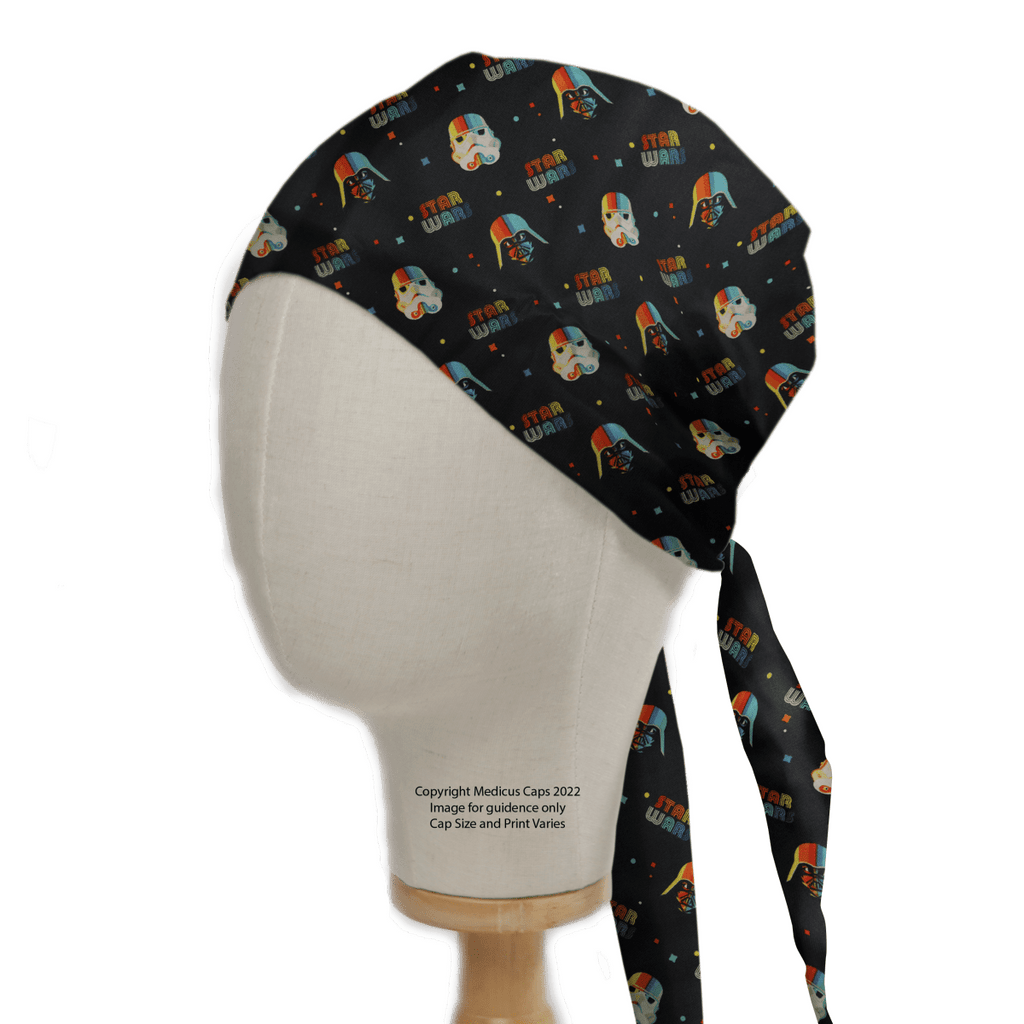 Side view of a mannequin head in a black reusable Star Wars Pride Scrub Cap by Medicus Scrub Caps, tied at the back with long straps, showcasing vibrant space-themed graphics with planets, stars, and Star Wars, embracing inclusivity.