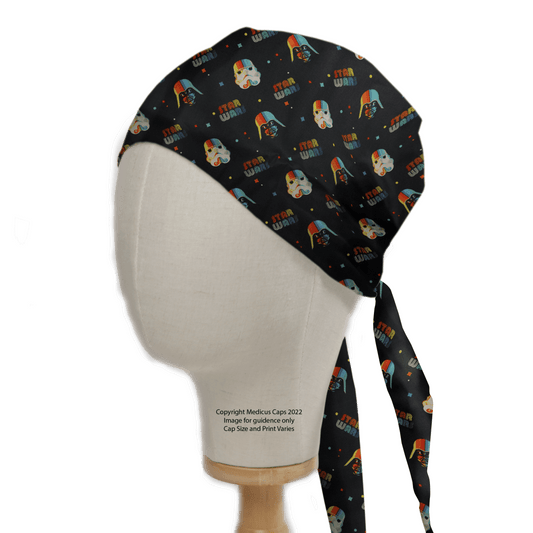 Side view of a mannequin head in a black reusable Star Wars Pride Scrub Cap by Medicus Scrub Caps, tied at the back with long straps, showcasing vibrant space-themed graphics with planets, stars, and Star Wars, embracing inclusivity.