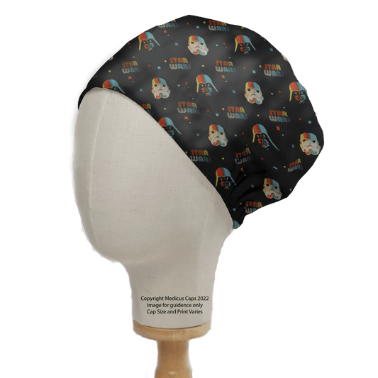 A Medicus Scrub Caps mannequin head showcases the Star Wars Pride Scrub Cap, adorned with colorful skull designs and Star Wars text. This reusable cap features a curved seam and elastic back, stylishly promoting inclusivity.