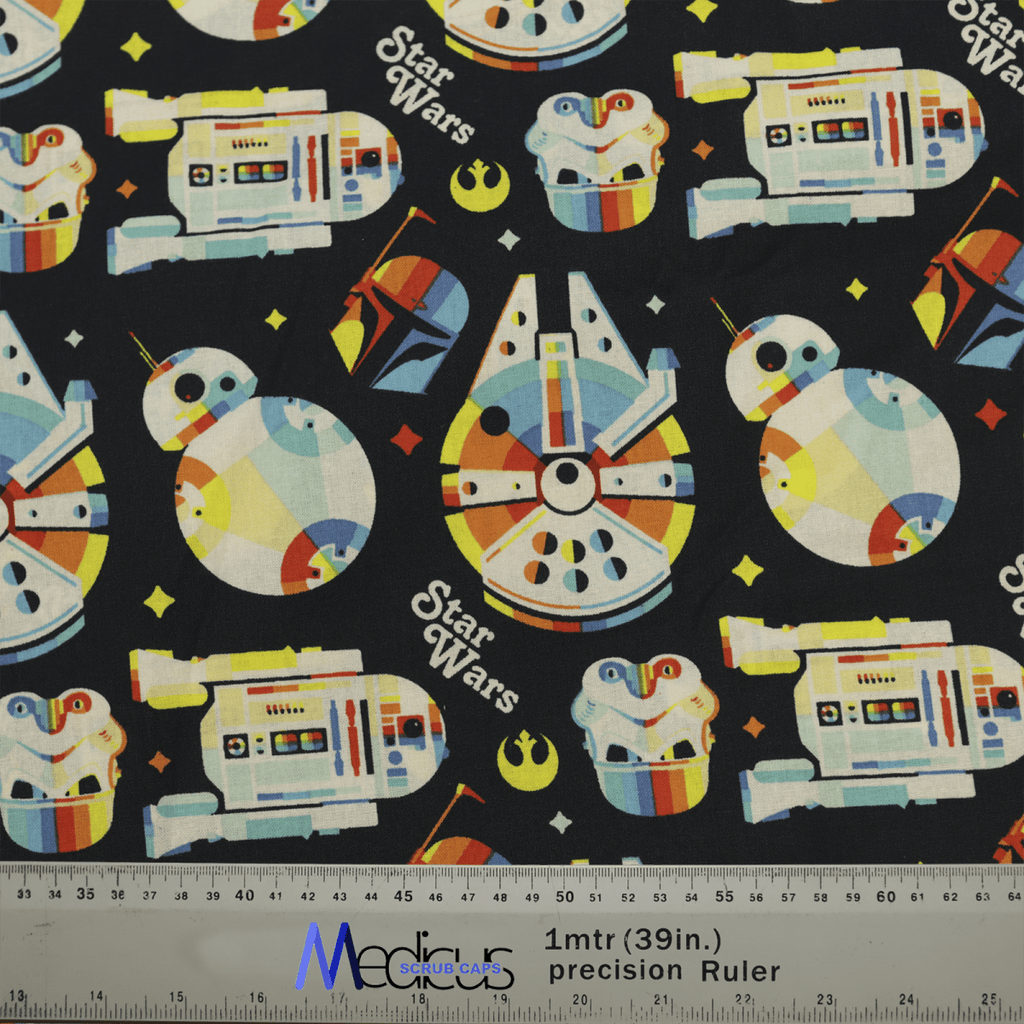 The Star Wars Pride Spaceships Scrub Cap by Medicus Scrub Caps features colorful Star Wars icons like the Millennium Falcon and droids on a black background, celebrating fandom pride.