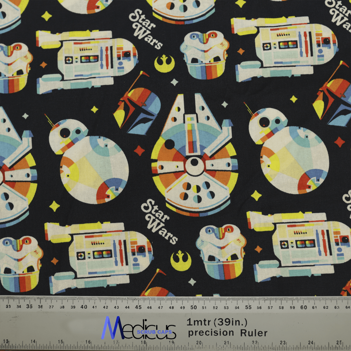 The Star Wars Pride Spaceships Scrub Cap by Medicus Scrub Caps features colorful Star Wars icons like the Millennium Falcon and droids on a black background, celebrating fandom pride.
