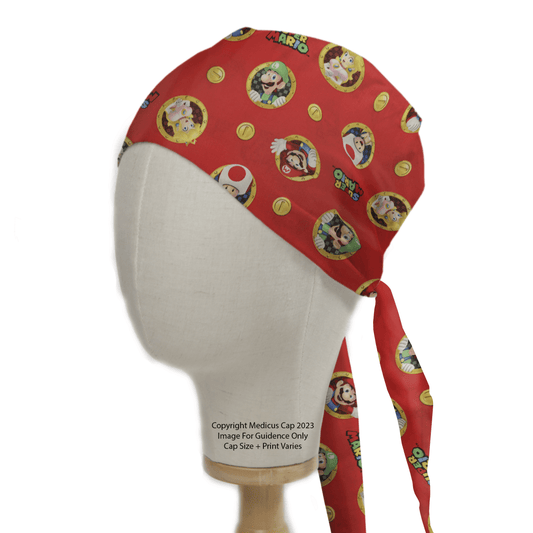 The Medicus Scrub Caps Super Mario #1 Video Game Scrub Cap is a sustainable, tie-back design with circular emblems and gold coin motifs featuring Mario, Luigi, and Toad. Its perfect for gamers wanting a playful touch.