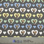 The Sweetheart Jack Russell Dogs Hearts Scrub Cap from Medicus Scrub Caps features Jack Russell faces in colorful heart shapes on a dark background, with a measurement ruler below.