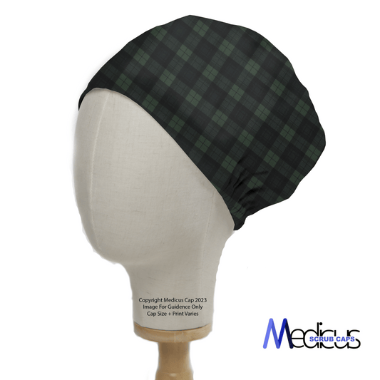 A mannequin head displays the Tartan Green Blue Small Squares Scrub Cap, a reusable cap with timeless black and green tartan, adjustable fit, and Medicus Scrub Caps logo at the bottom right corner.