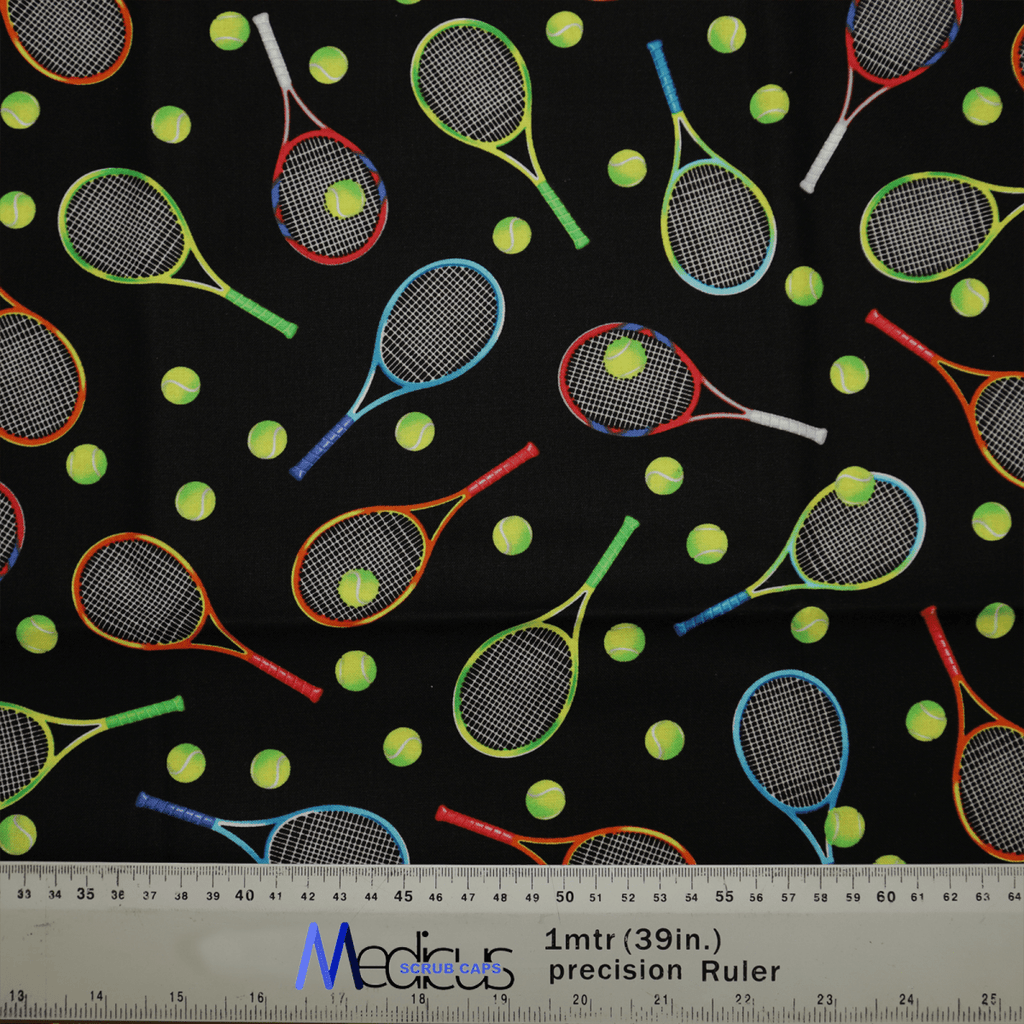 Discover the Tennis Racket Scrub Cap by Medicus Scrub Caps, featuring a black fabric adorned with colorful tennis racket and ball patterns. Perfectly scaled in inches and centimeters, its the ideal uniform accessory with an inclusive fit for all.