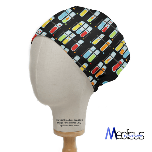 Introducing the Test Tube Party Scrub Cap by Medicus Scrub Caps: Shown on a mannequin, it boasts vibrant test tubes on a black background. With copyright text and the logo at the bottom right, this sustainable choice is ideal for science workwear.