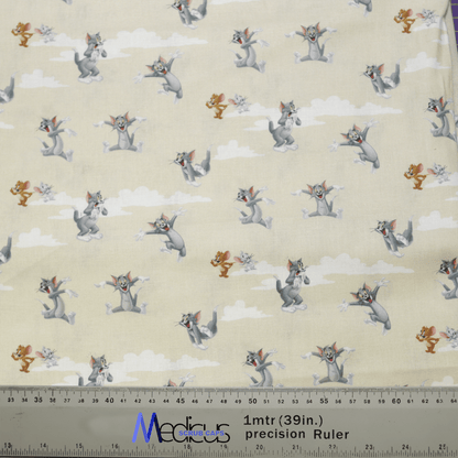 The Tom And Jerry Clouds Beige Scrub Cap by Medicus Scrub Caps features a playful pattern of cartoon cats and mice on a light background with clouds, and includes measurement markings in both inches and centimeters.