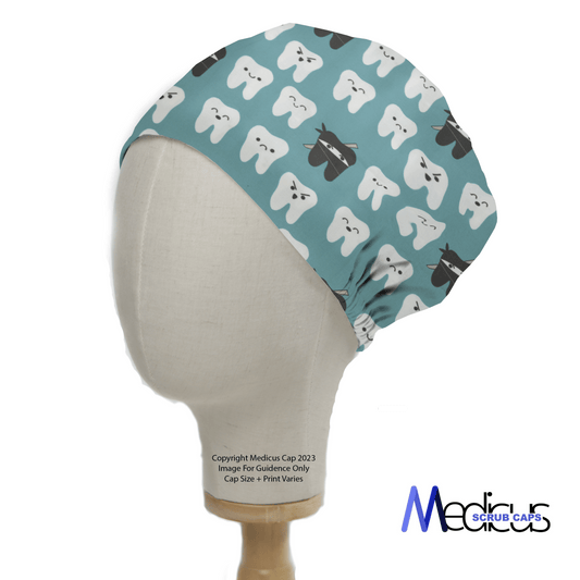 The Tooth Ninja Scrub Cap by Medicus Scrub Caps features a unique design with smiling and frowning cartoon teeth on blue fabric, along with toothbrushes and toothpaste tubes for a comfy fit. Displayed on a mannequin against a white background, the brand logo adds the perfect finishing touch.