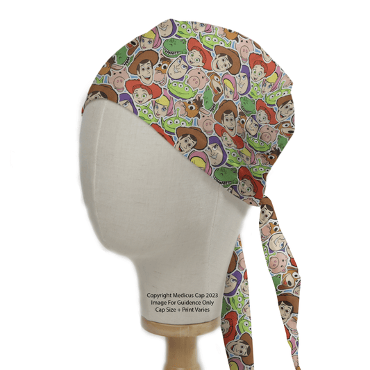 The Toy Story Faces Cutout Scrub Cap by Medicus Scrub Caps showcases a colorful pattern of cowboys, space rangers, and toys on a mannequin. Ideal for healthcare professionals, its playful design stands out against a white background.