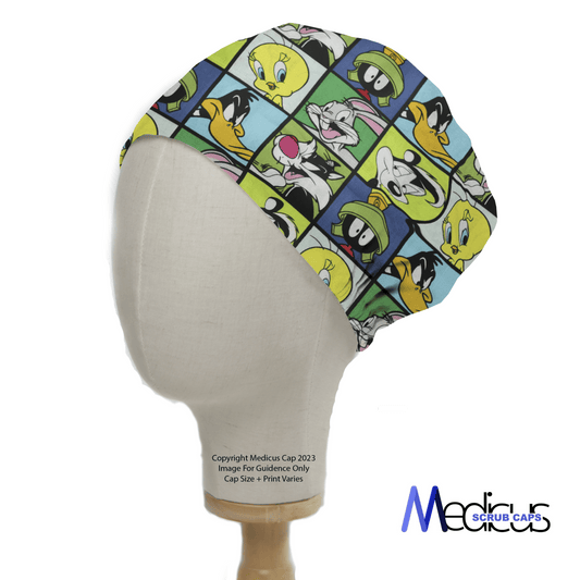 The Medicus Scrub Caps TV Cartoon Looney Tunes Characters Grid Green Scrub Cap features a colorful grid with cartoon character faces on a mannequin, showcasing animated expressions in a playful design.