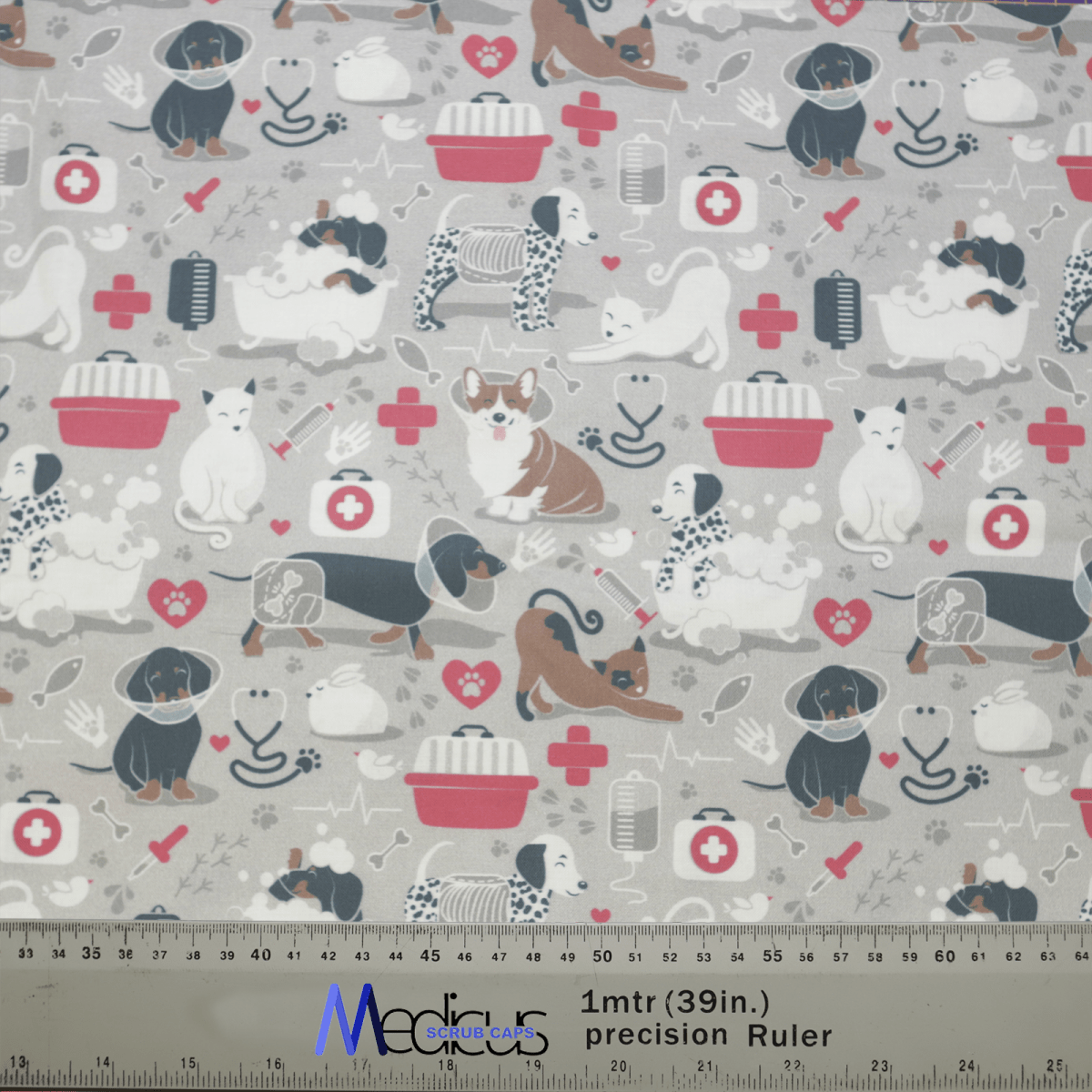 The Vet Clinic Surgery Scrub Cap by Medicus Scrub Caps is designed for veterinary professionals, featuring cartoon animals (dogs and cats) with stethoscopes, bones, bandages, and red crosses. It comes in gray, white, brown, and pink with a bottom ruler for precise personalization.