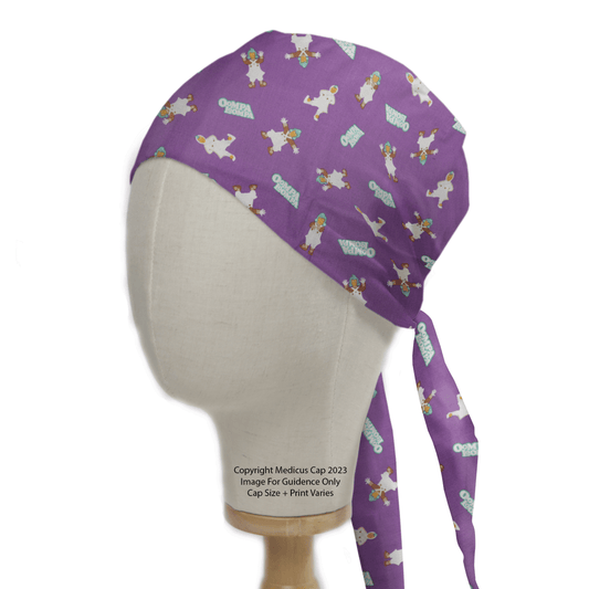 A mannequin head displays the Willy Wonka Oompa Loompa Scrub Cap by Medicus Scrub Caps, a whimsical purple design with cartoon unicorns and playful text. Tying neatly at the back, its repeating pattern adds a touch of fantasy to your workday attire.