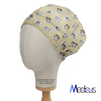 A mannequin head wears the Winnie the Pooh Honey Pots Scrub Cap by Medicus Scrub Caps, featuring cartoon animals like white bears and orange-striped tigers. Set against a plain white backdrop, this delightful cap is ideal for healthcare professionals.